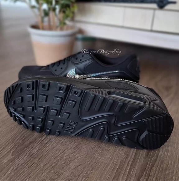 Bling Nike Air Max 90 Women's Leather Black Shoes Customized with Crystals - Picture 3 of 7